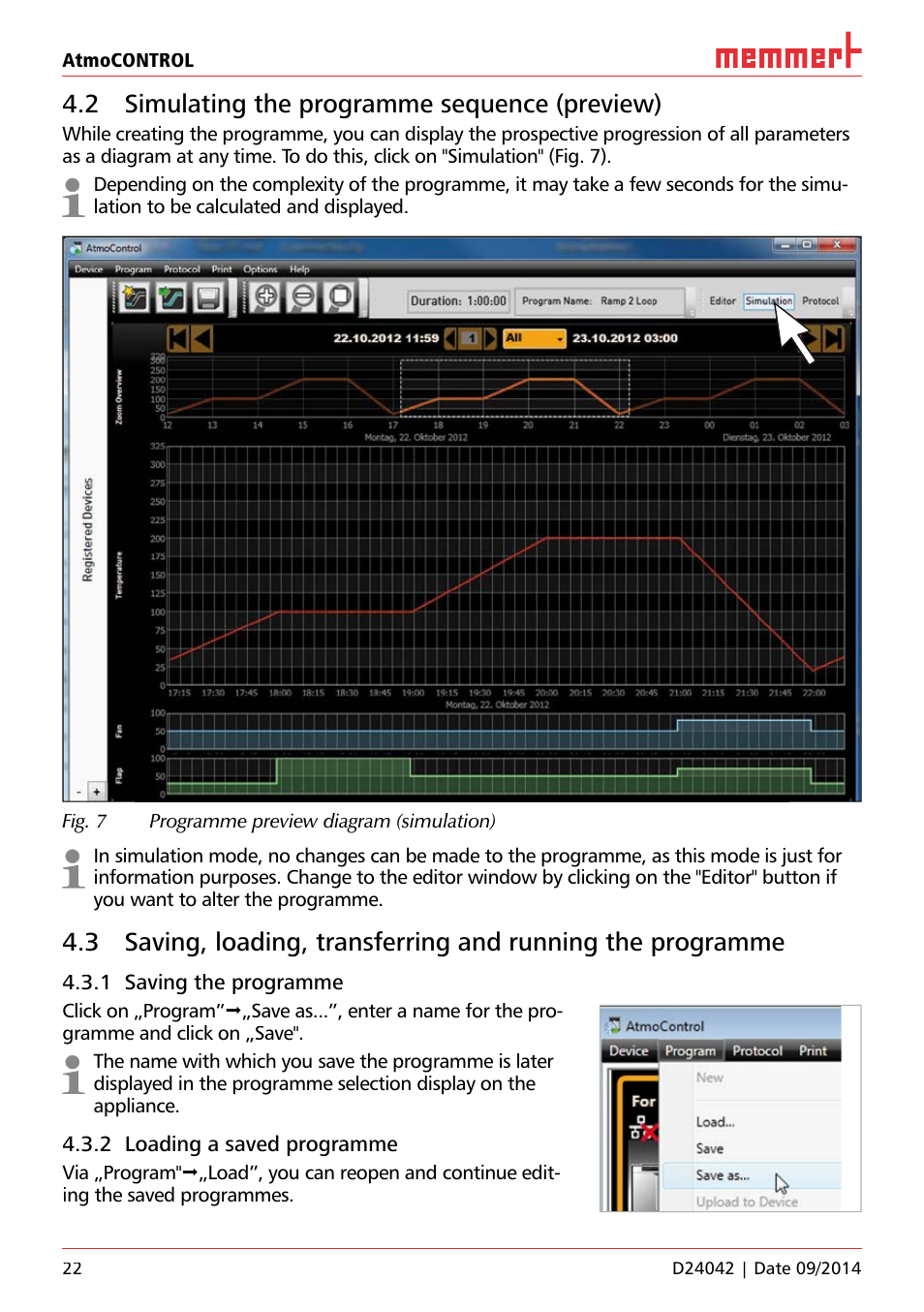 2 simulating the programme sequence (preview), 1 saving the programme, 2 loading a saved programme | Memmert AtmoCONTROL User Manual | Page 22 / 36