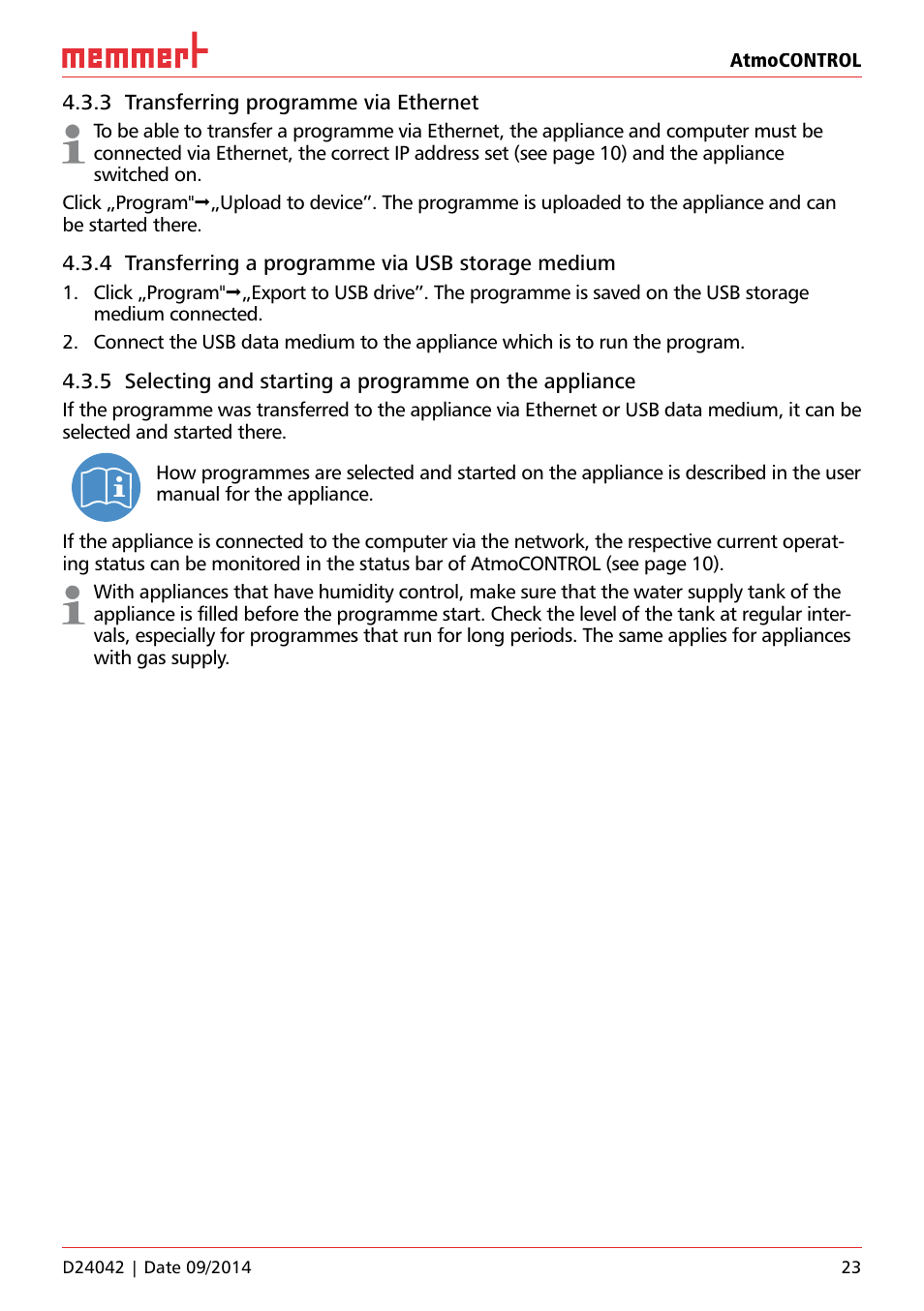 3 transferring programme via ethernet, 4 transferring a programme via usb storage medium | Memmert AtmoCONTROL User Manual | Page 23 / 36