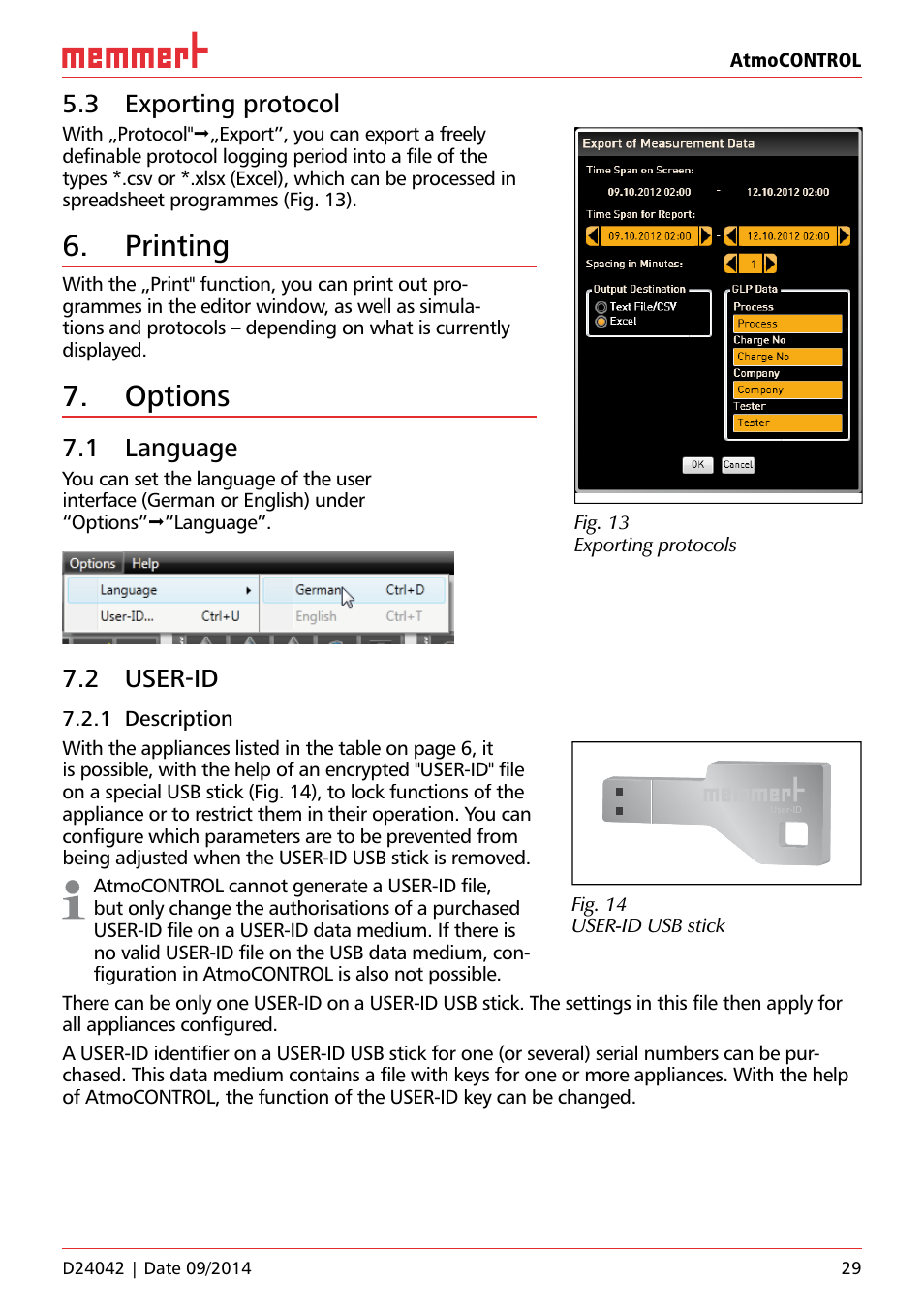 3 exporting protocol, Printing, Options | 1 language, 2 user-id, 1 description | Memmert AtmoCONTROL User Manual | Page 29 / 36