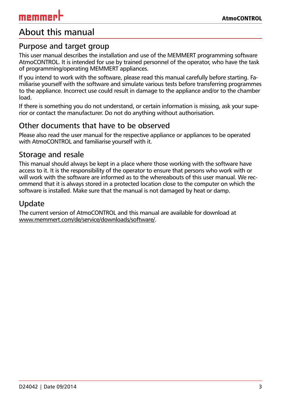 About this manual, Purpose and target group, Other documents that have to be observed | Storage and resale, Update | Memmert AtmoCONTROL User Manual | Page 3 / 36