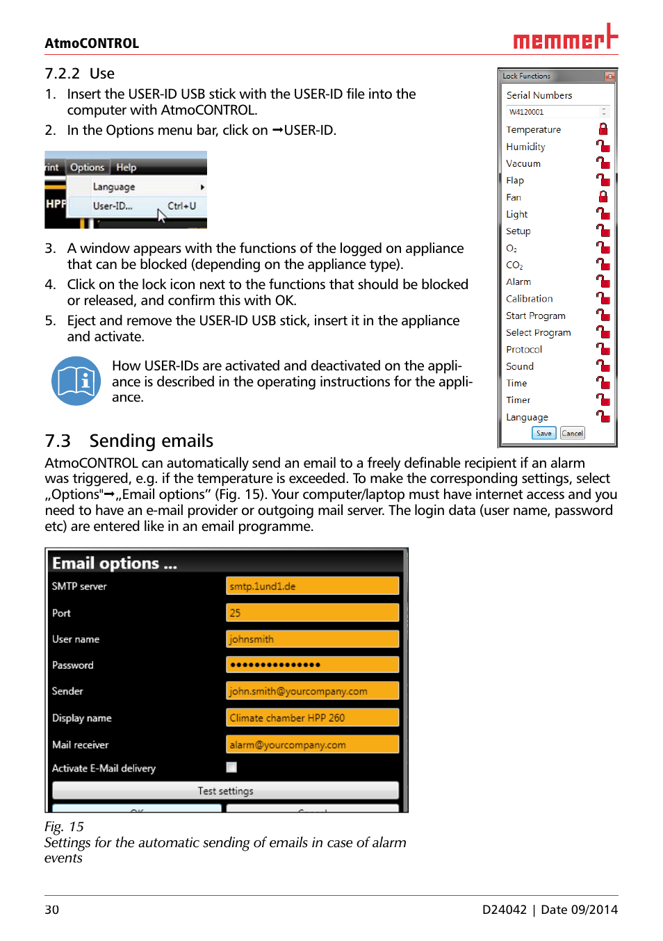 2 use, 3 sending emails | Memmert AtmoCONTROL User Manual | Page 30 / 36
