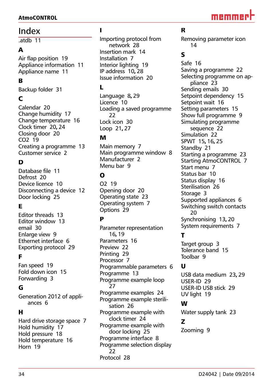 Index | Memmert AtmoCONTROL User Manual | Page 34 / 36