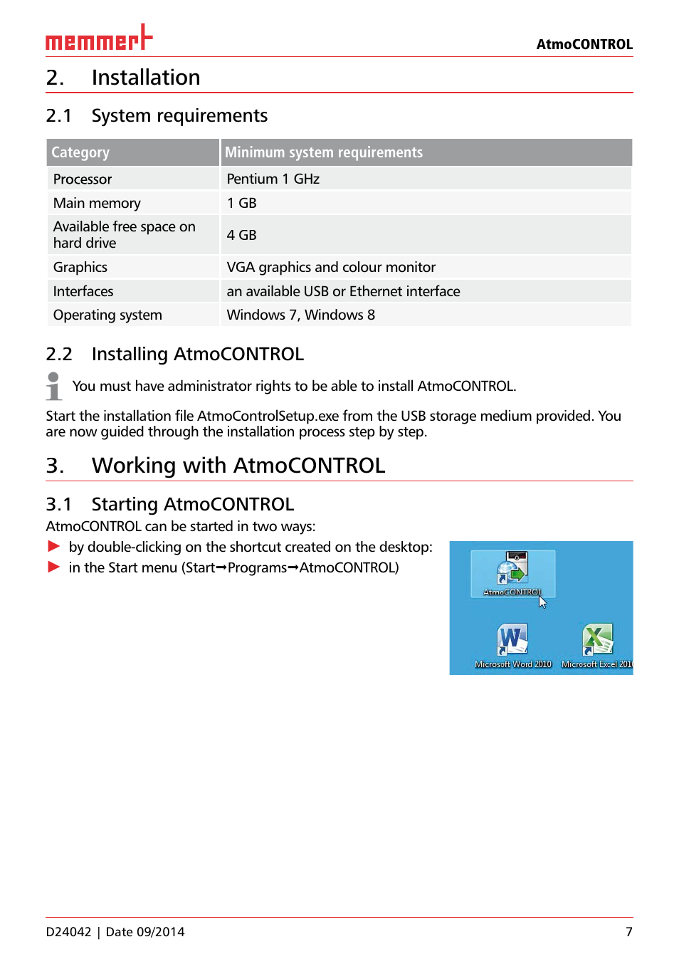 Installation, 1 system requirements, 2 installing atmocontrol | Working with atmocontrol, 1 starting atmocontrol | Memmert AtmoCONTROL User Manual | Page 7 / 36