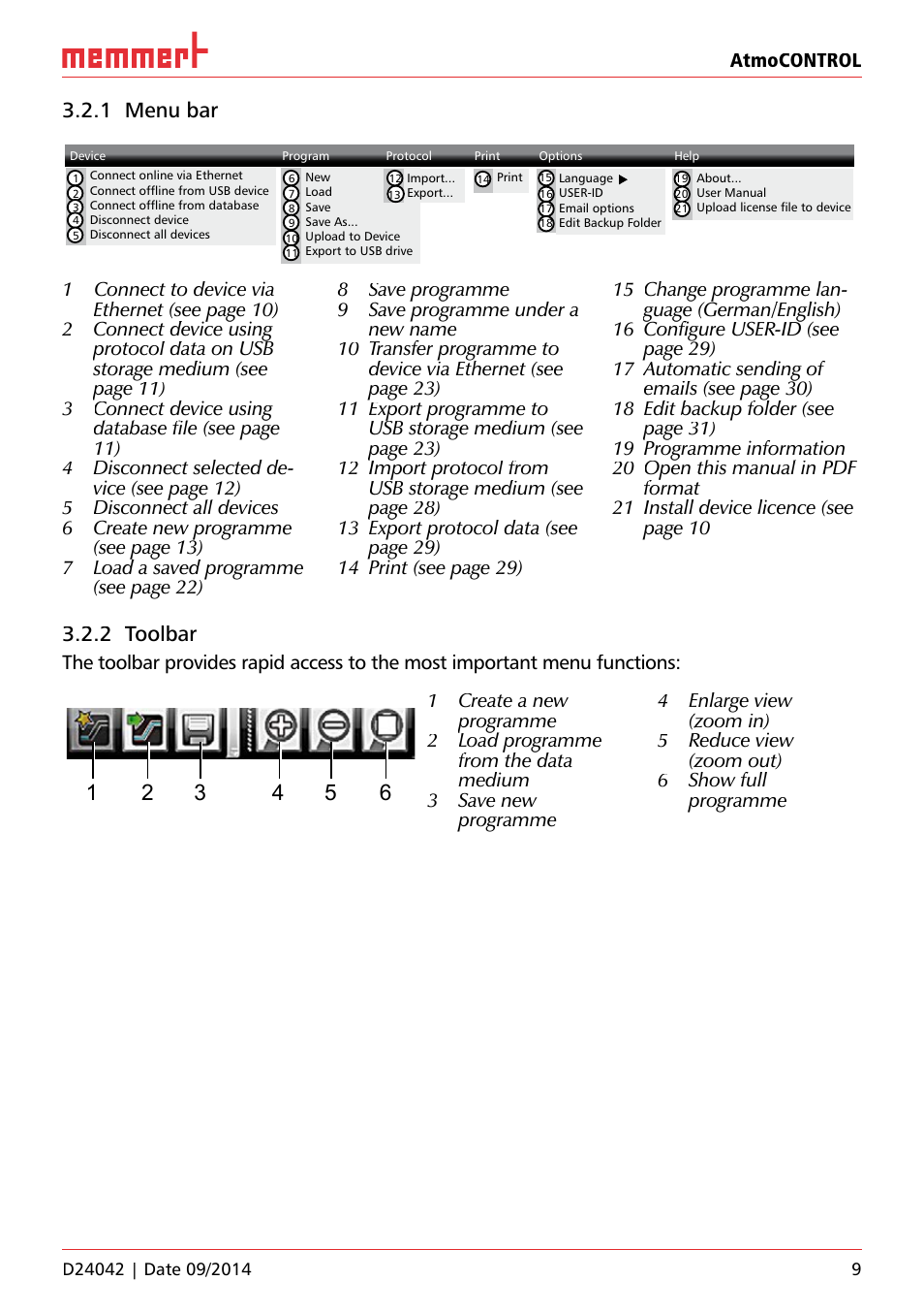 1 menu bar, 2 toolbar | Memmert AtmoCONTROL User Manual | Page 9 / 36