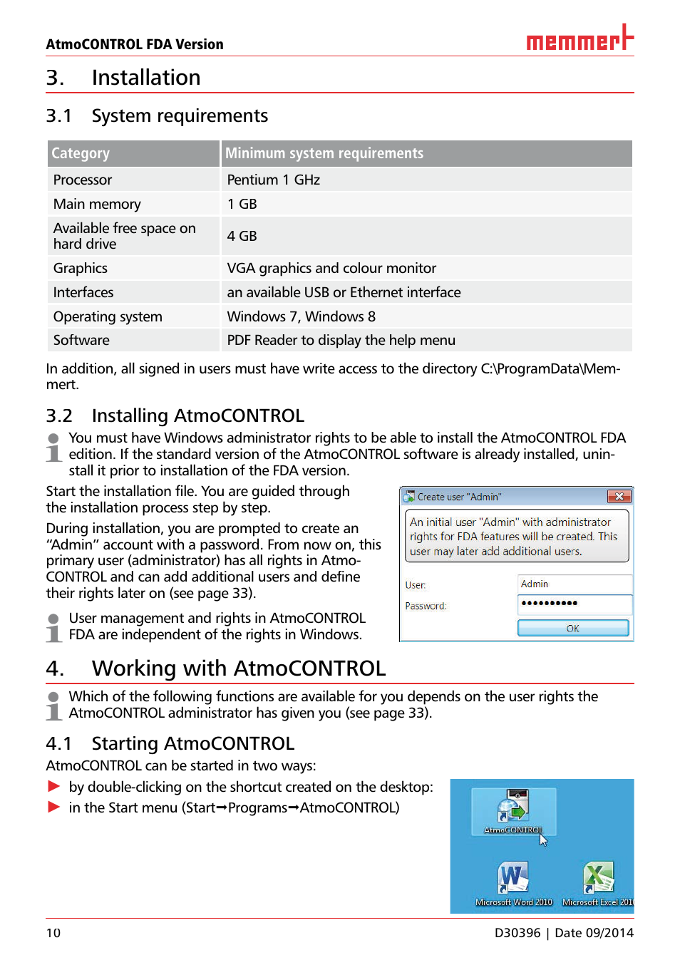 Installation, 1 system requirements, 2 installing atmocontrol | Working with atmocontrol, 1 starting atmocontrol | Memmert AtmoCONTROL FDA Version 2.X.X User Manual | Page 10 / 40