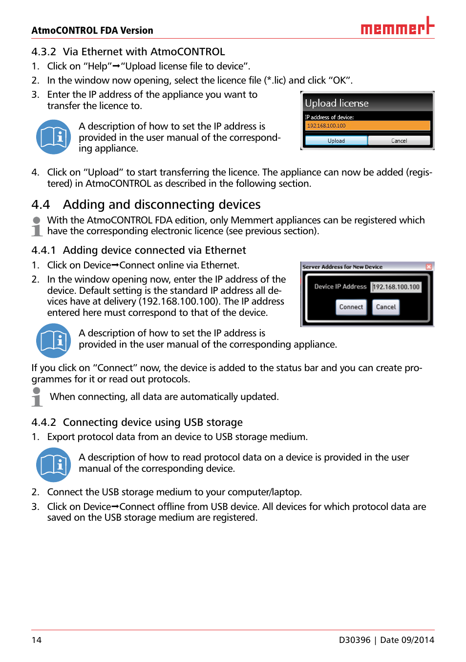 2 via ethernet with atmocontrol, 4 adding and disconnecting devices, 1 adding device connected via ethernet | 2 connecting device using usb storage | Memmert AtmoCONTROL FDA Version 2.X.X User Manual | Page 14 / 40