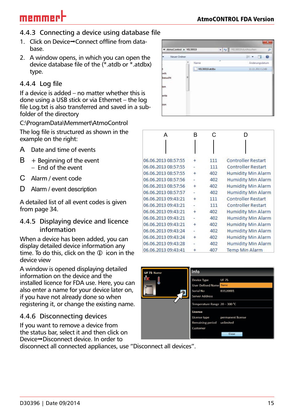 3 connecting a device using database file, 4 log file, 5 displaying device and licence information | 6 disconnecting devices | Memmert AtmoCONTROL FDA Version 2.X.X User Manual | Page 15 / 40