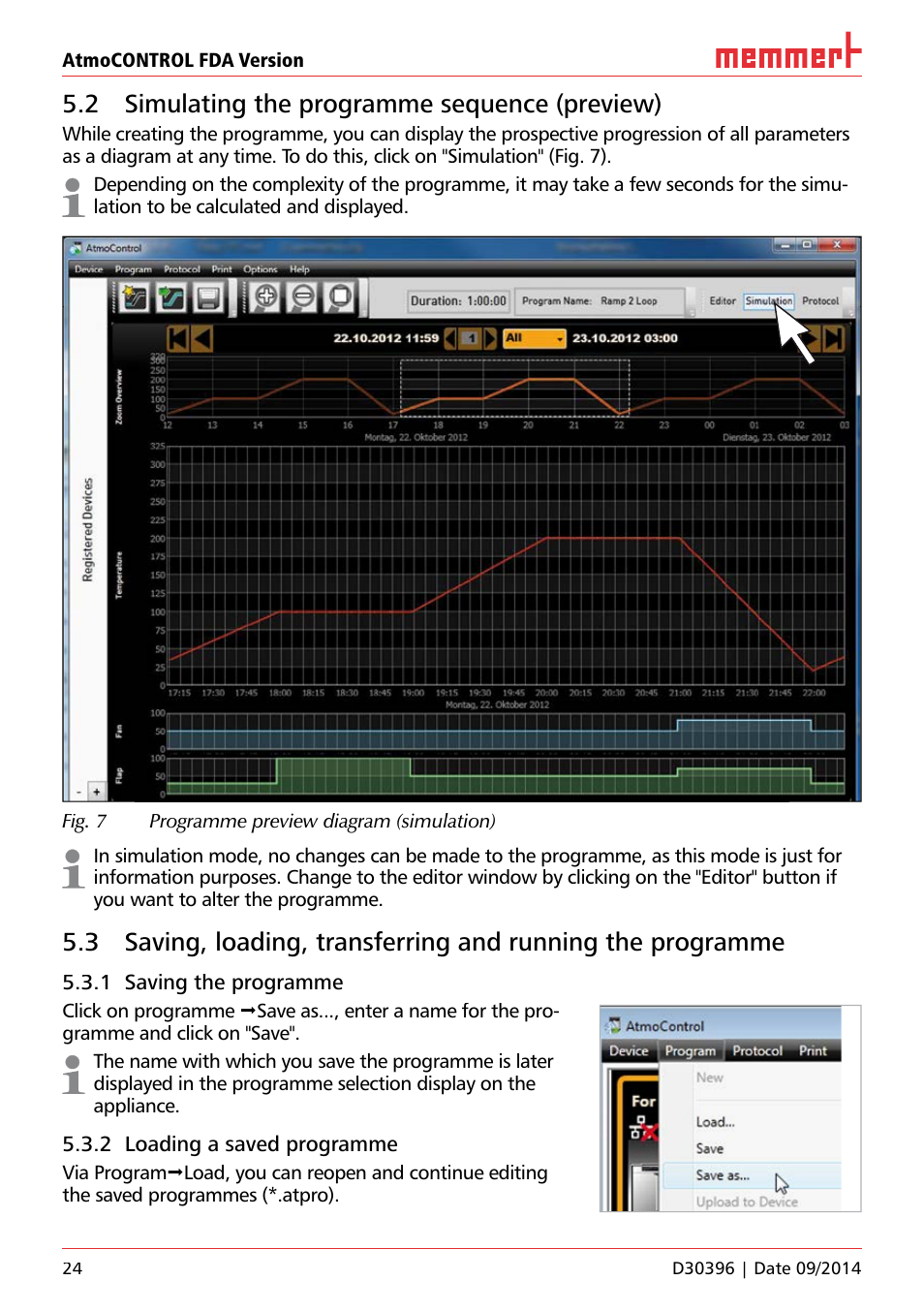 2 simulating the programme sequence (preview), 1 saving the programme, 2 loading a saved programme | Memmert AtmoCONTROL FDA Version 2.X.X User Manual | Page 24 / 40