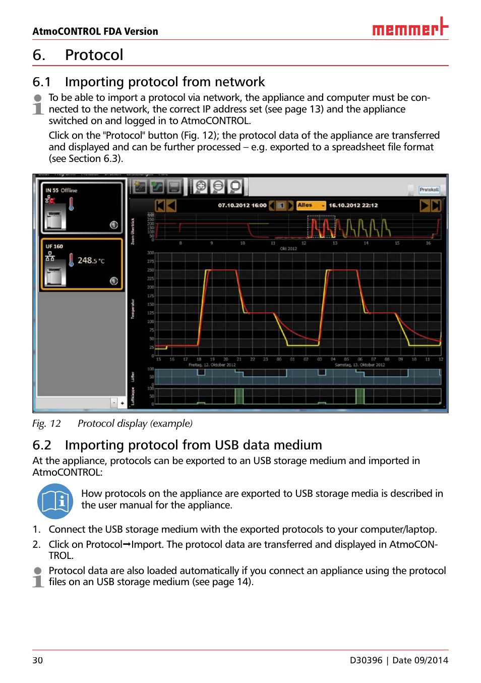 Protocol, 1 importing protocol from network, 2 importing protocol from usb data medium | Memmert AtmoCONTROL FDA Version 2.X.X User Manual | Page 30 / 40