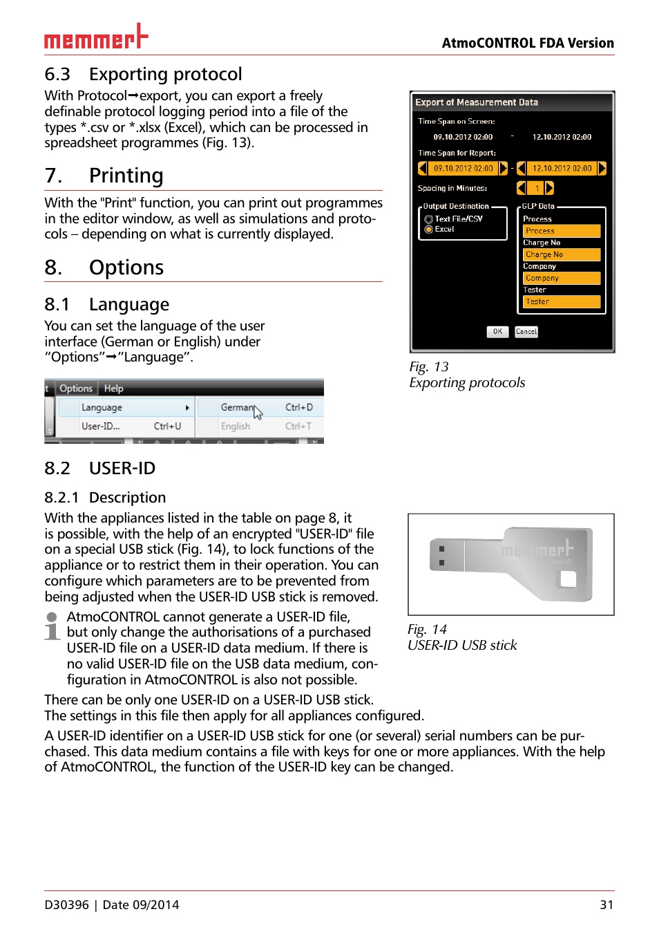 3 exporting protocol, Printing, Options | 1 language, 2 user-id, 1 description | Memmert AtmoCONTROL FDA Version 2.X.X User Manual | Page 31 / 40