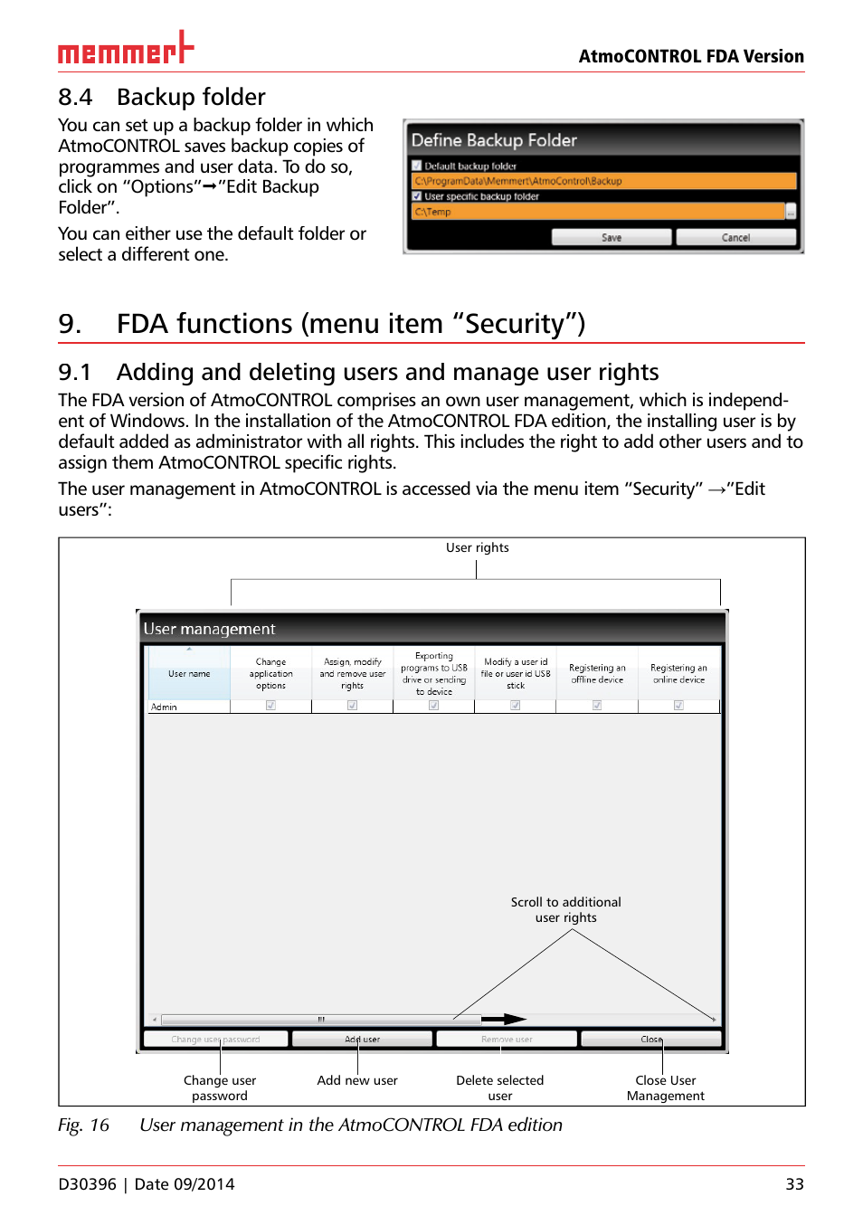 4 backup folder, Fda functions (menu item “security”), 1 adding and deleting users and manage user rights | Memmert AtmoCONTROL FDA Version 2.X.X User Manual | Page 33 / 40