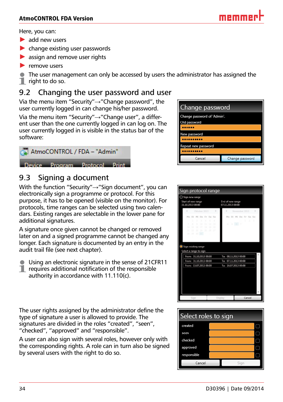 2 changing the user password and user, 3 signing a document | Memmert AtmoCONTROL FDA Version 2.X.X User Manual | Page 34 / 40