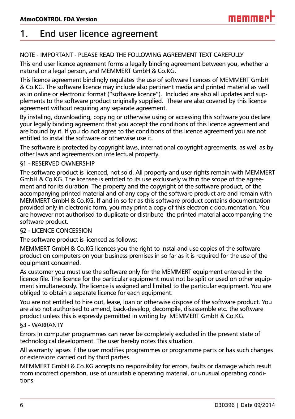 End user licence agreement | Memmert AtmoCONTROL FDA Version 2.X.X User Manual | Page 6 / 40