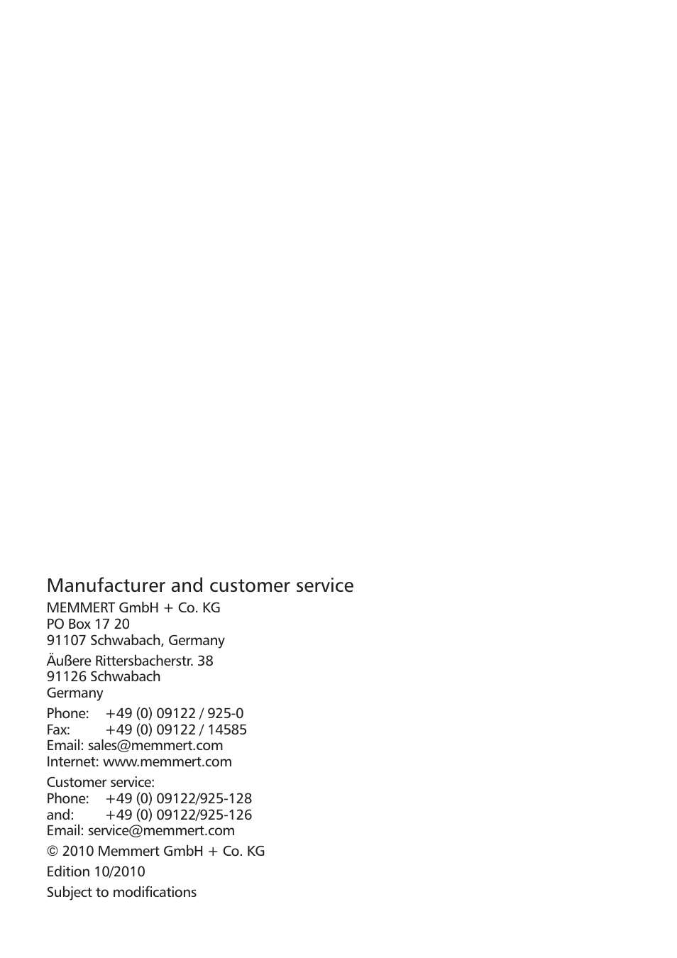 Manufacturer and customer service | Memmert CELSIUS 10.0 User Manual | Page 2 / 52
