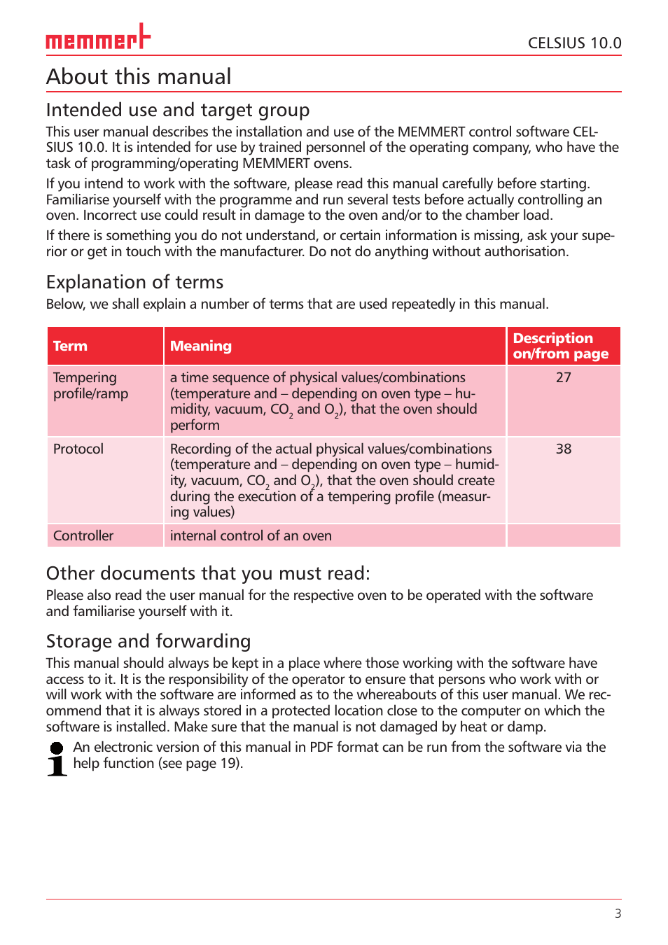 About this manual, Intended use and target group, Explanation of terms | Other documents that you must read, Storage and forwarding | Memmert CELSIUS 10.0 User Manual | Page 3 / 52