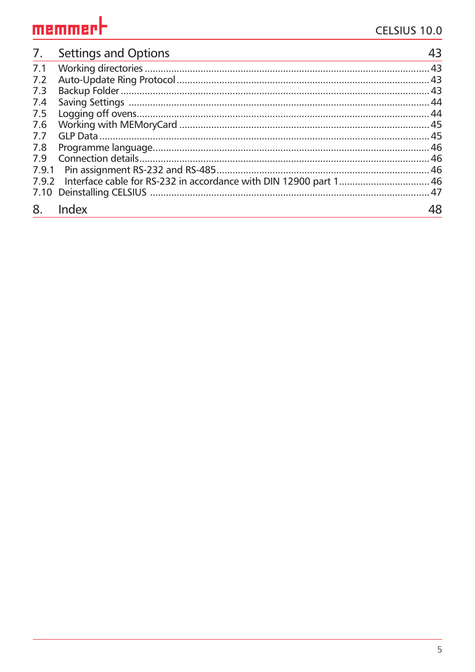 Settings and options 43, Index 48 | Memmert CELSIUS 10.0 User Manual | Page 5 / 52