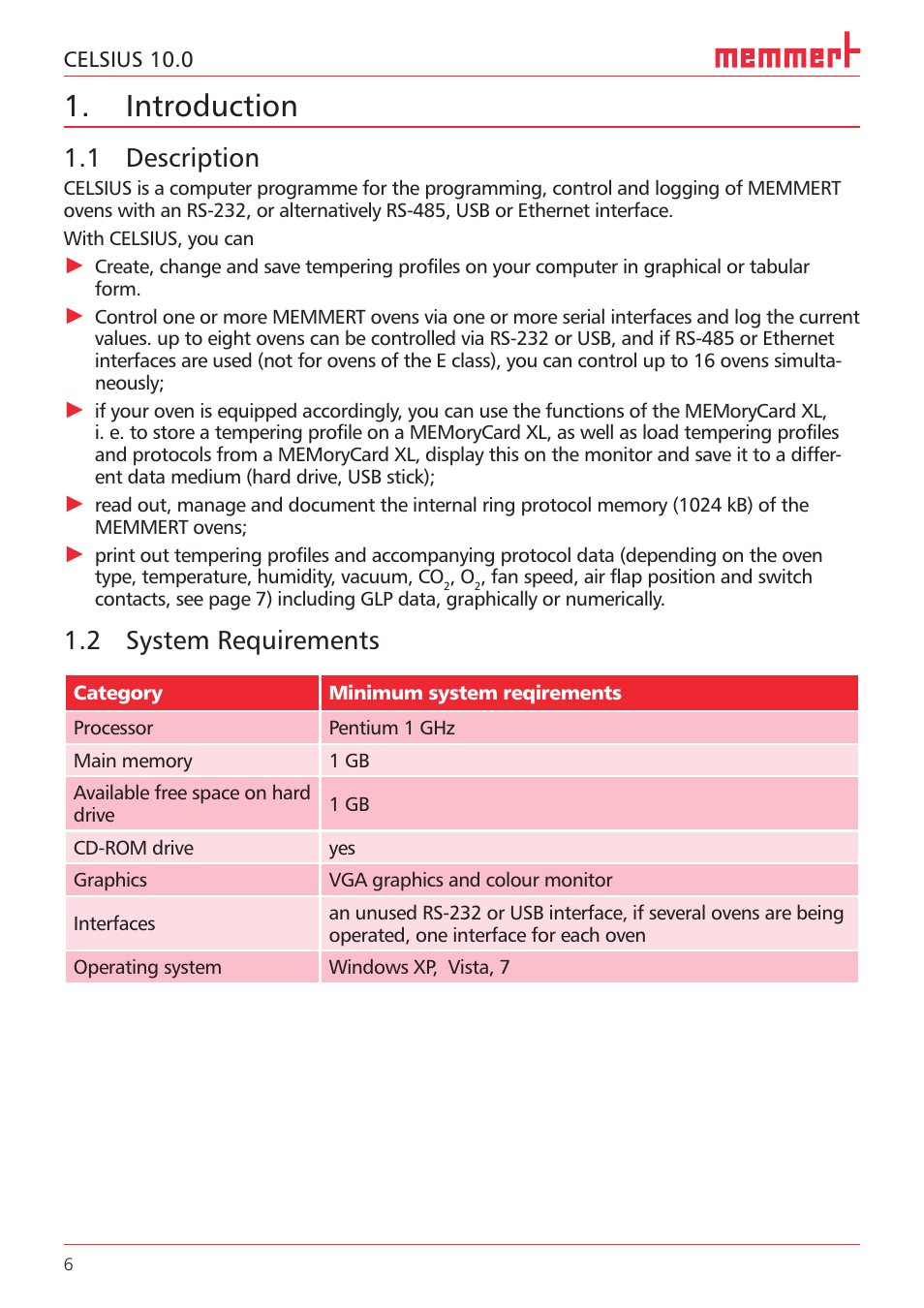 Introduction, 1 description, 2 system requirements | Memmert CELSIUS 10.0 User Manual | Page 6 / 52