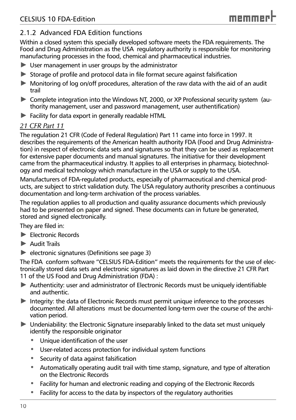 2 advanced fda edition functions | Memmert CELSIUS 10 FDA User Manual | Page 10 / 64