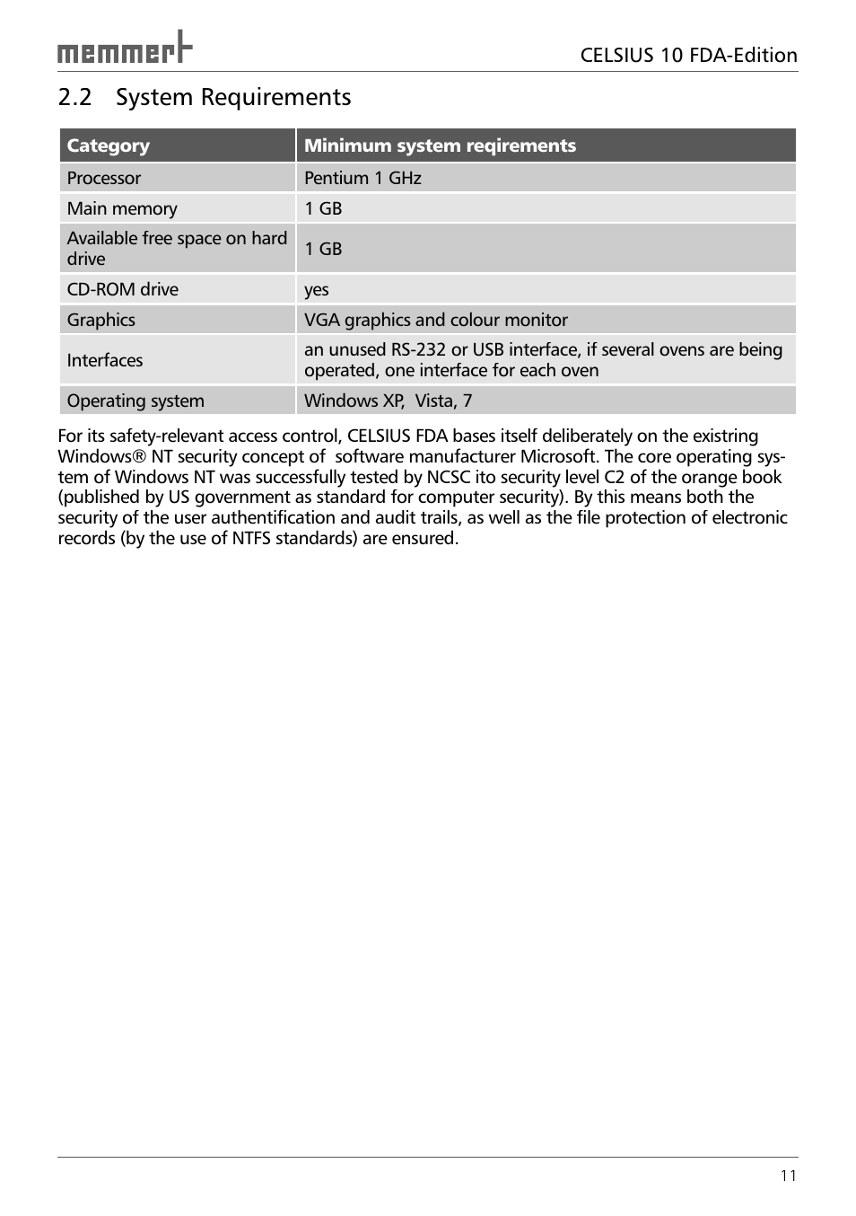 2 system requirements | Memmert CELSIUS 10 FDA User Manual | Page 11 / 64