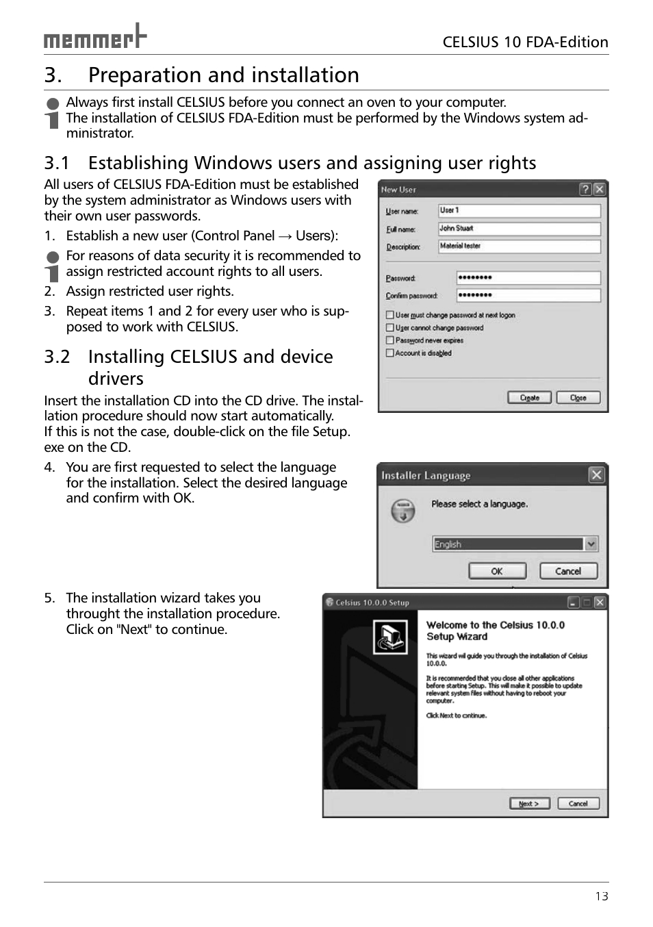 Preparation and installation, 2 installing celsius and device drivers | Memmert CELSIUS 10 FDA User Manual | Page 13 / 64