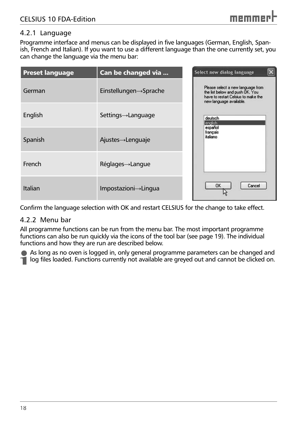 1 language, 2 menu bar | Memmert CELSIUS 10 FDA User Manual | Page 18 / 64