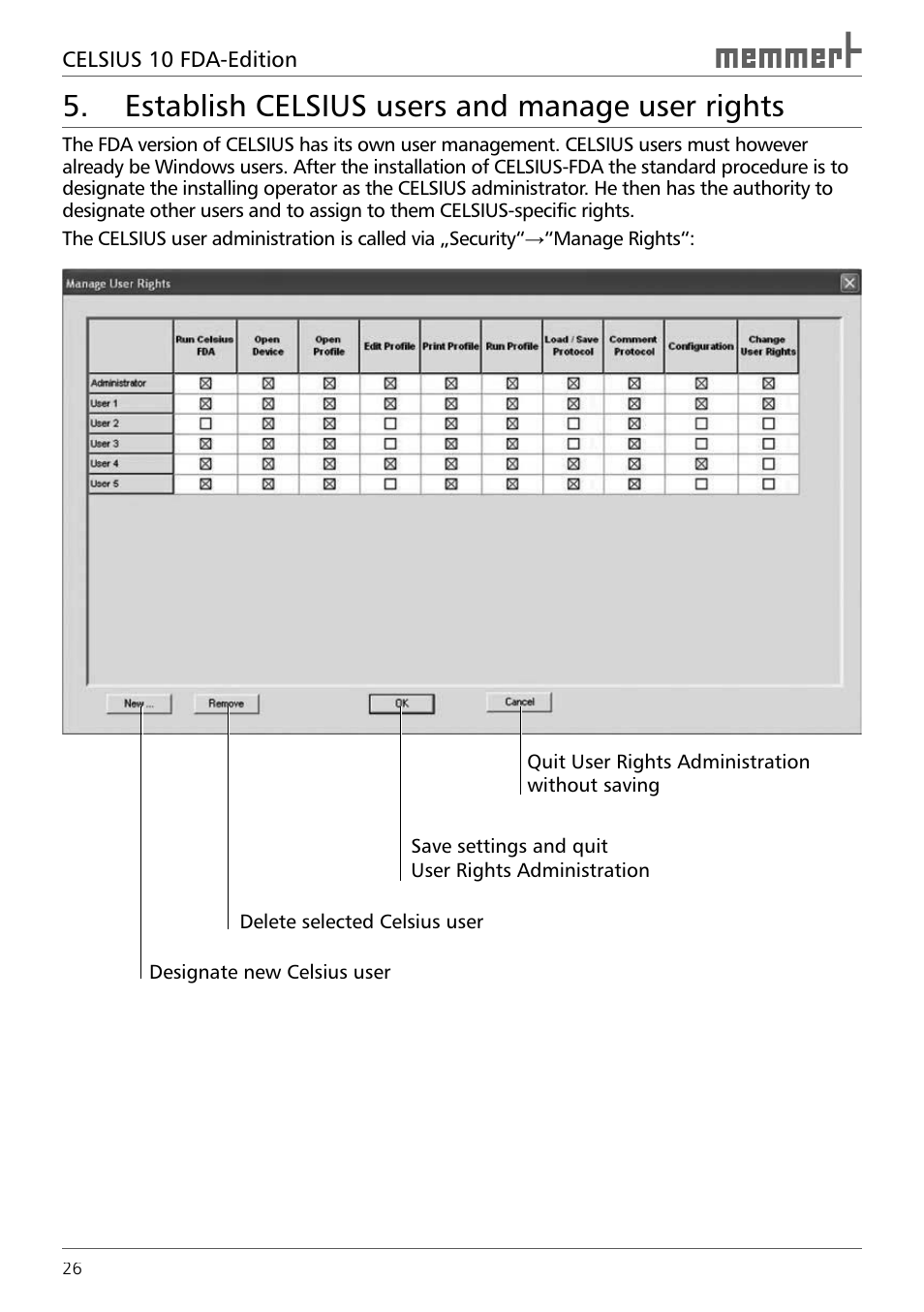 Establish celsius users and manage user rights | Memmert CELSIUS 10 FDA User Manual | Page 26 / 64