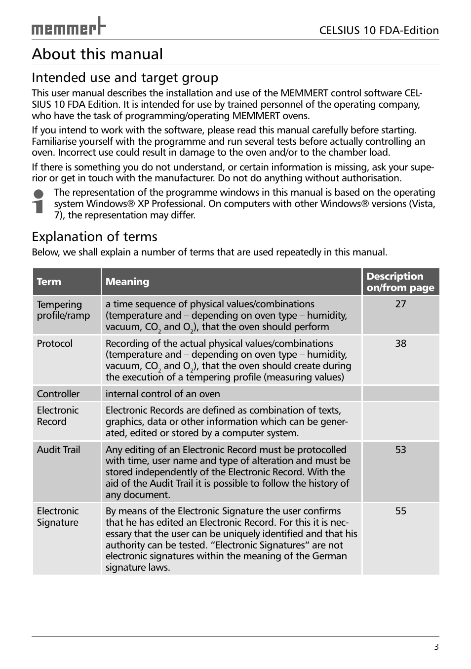 About this manual, Intended use and target group, Explanation of terms | Memmert CELSIUS 10 FDA User Manual | Page 3 / 64