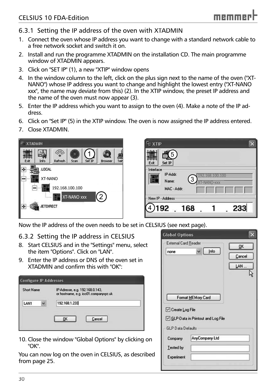 1 setting the ip address of the oven with xtadmin, 2 setting the ip address in celsius | Memmert CELSIUS 10 FDA User Manual | Page 30 / 64