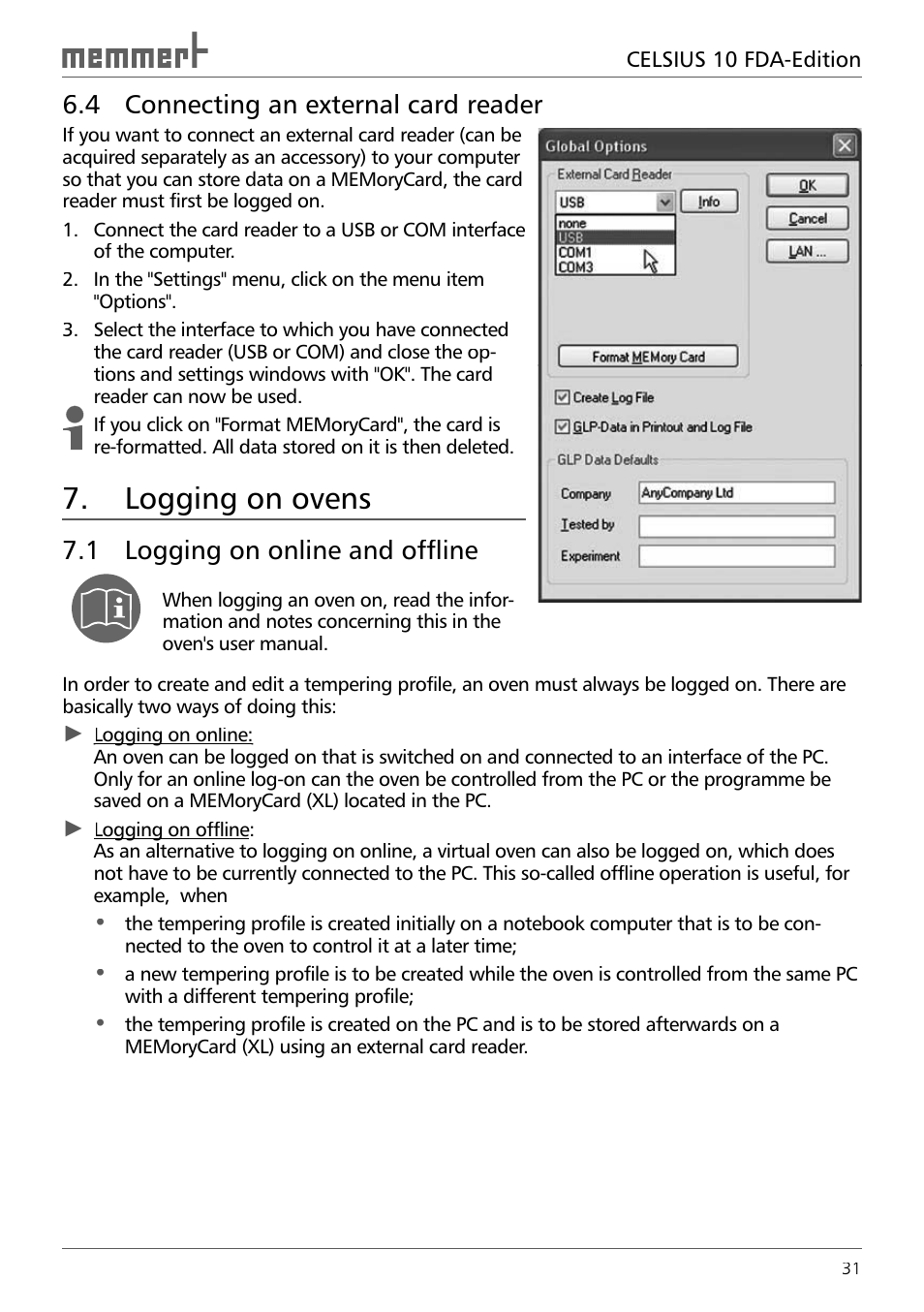 4 connecting an external card reader, Logging on ovens, 1 logging on online and offline | Memmert CELSIUS 10 FDA User Manual | Page 31 / 64