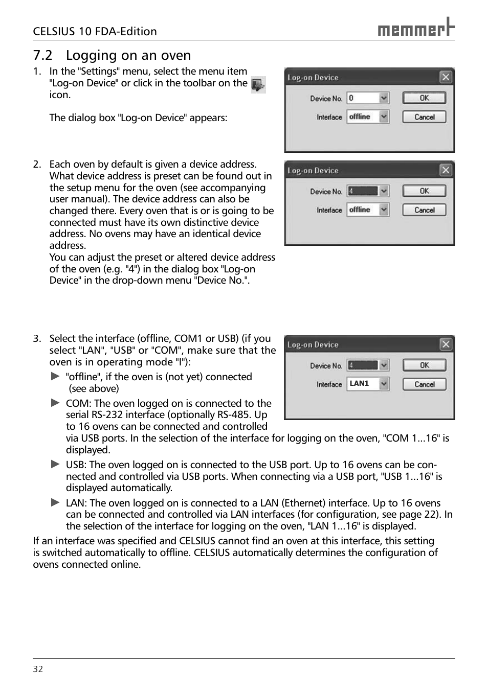 2 logging on an oven | Memmert CELSIUS 10 FDA User Manual | Page 32 / 64