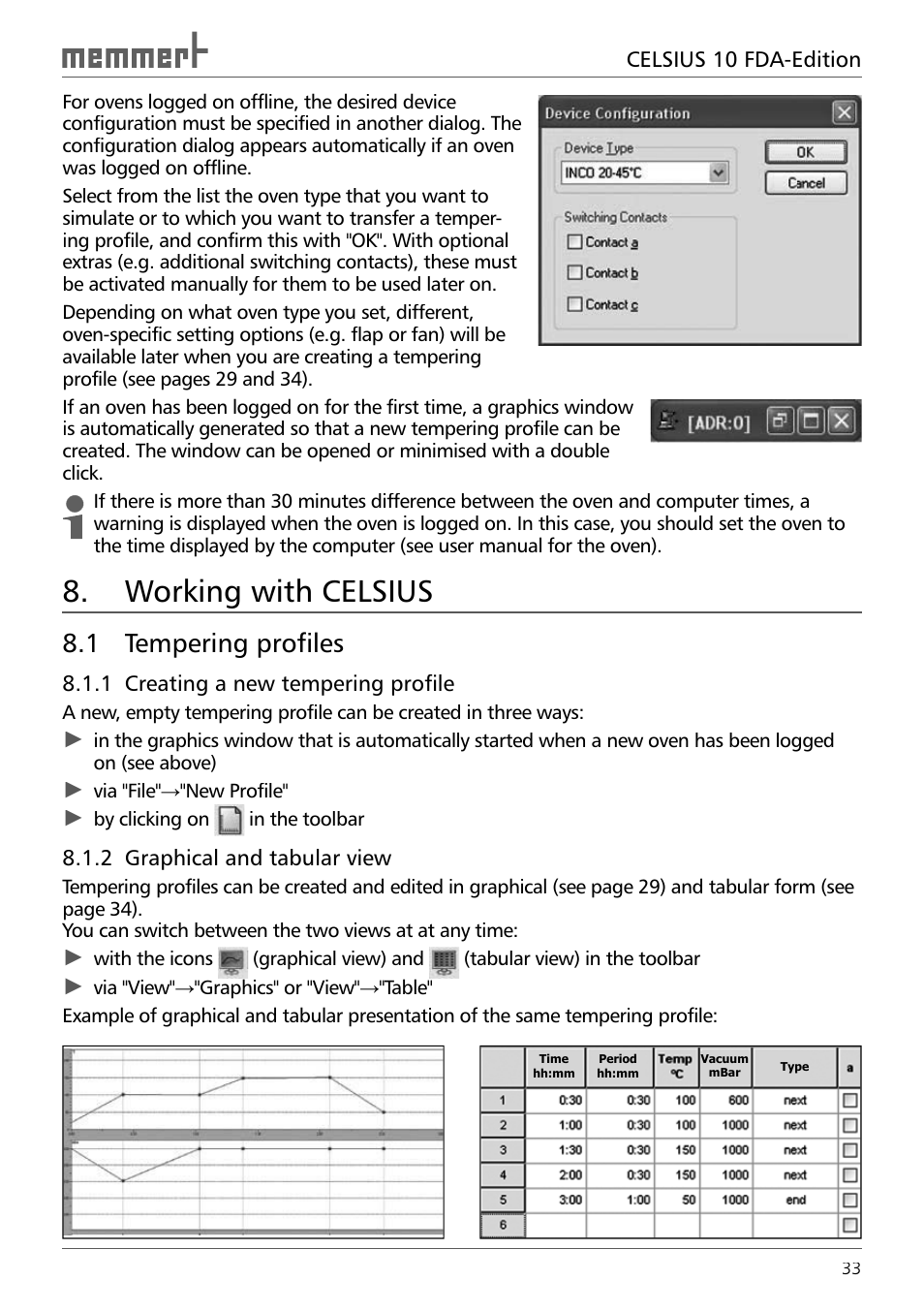 Working with celsius, 1 tempering profiles, 1 creating a new tempering profile | 2 graphical and tabular view | Memmert CELSIUS 10 FDA User Manual | Page 33 / 64