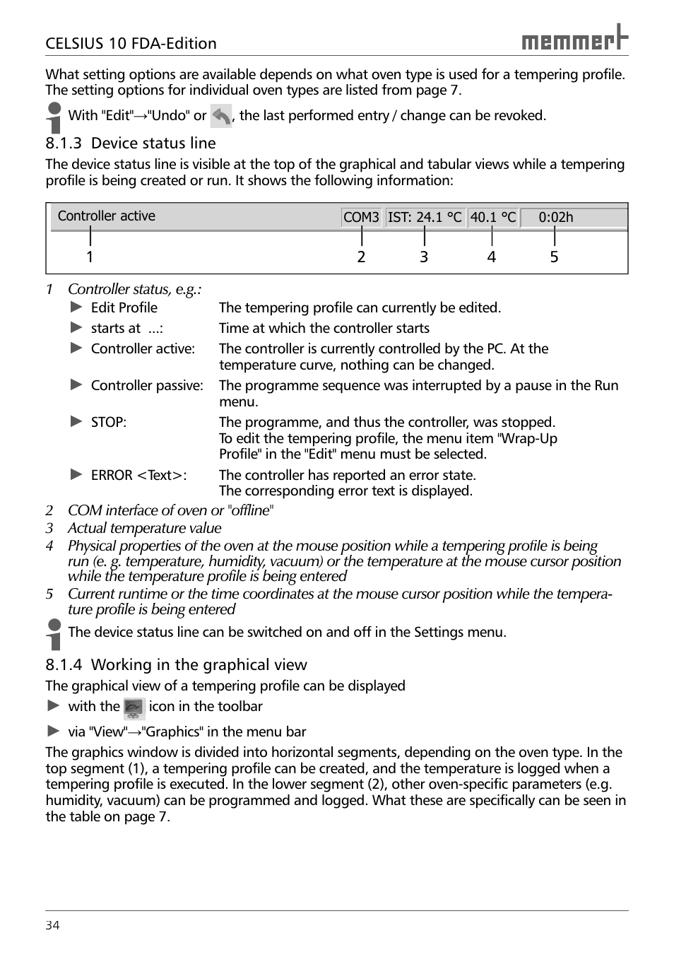 3 device status line, 4 working in the graphical view | Memmert CELSIUS 10 FDA User Manual | Page 34 / 64