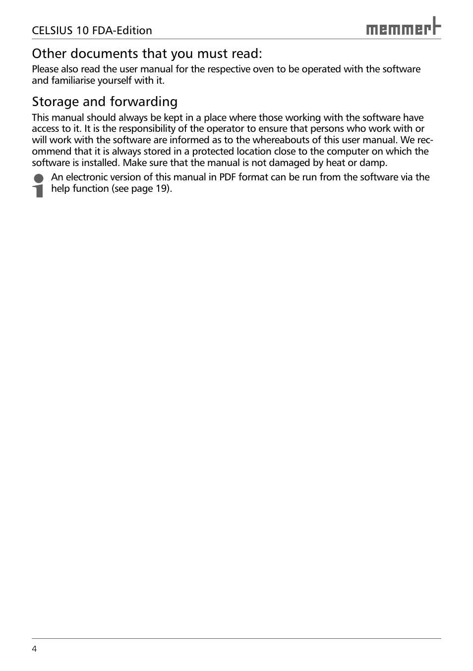 Other documents that you must read, Storage and forwarding | Memmert CELSIUS 10 FDA User Manual | Page 4 / 64