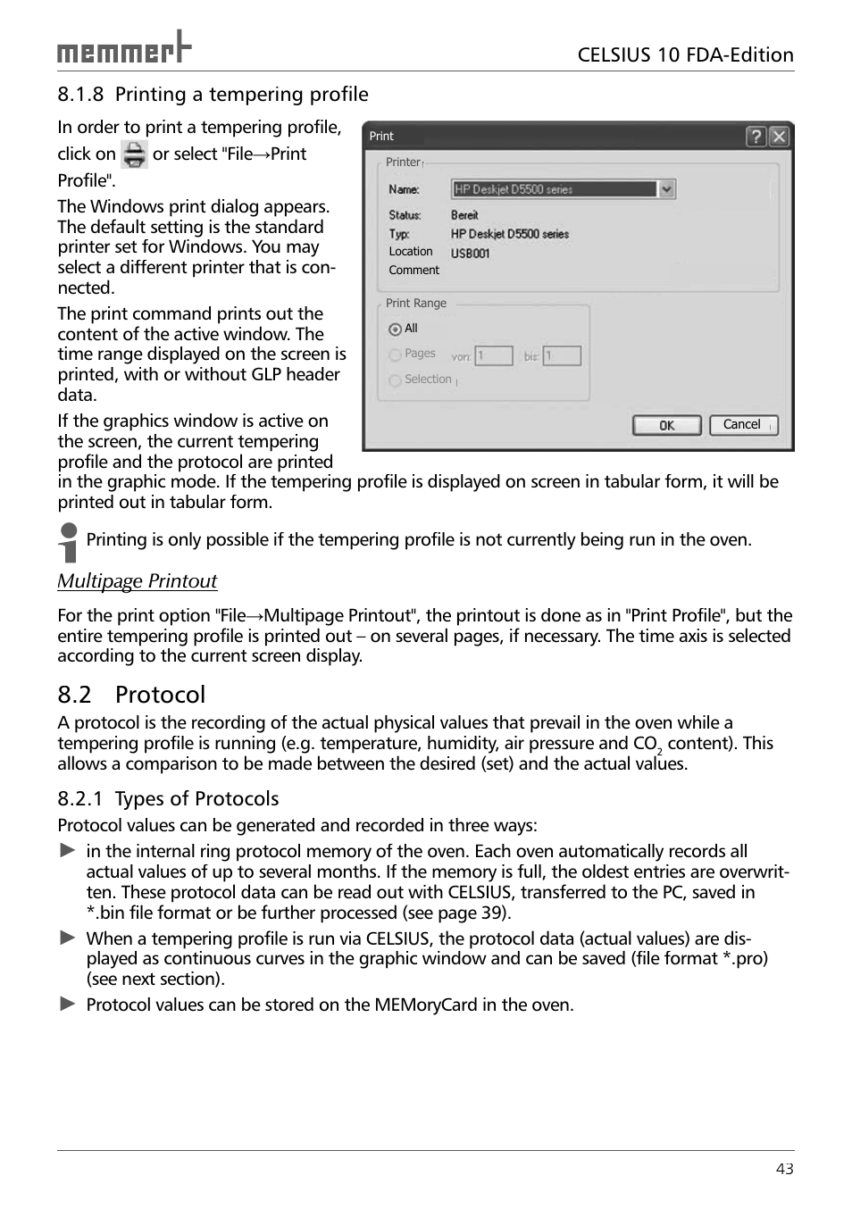 8 printing a tempering profile, 2 protocol, 1 types of protocols | Memmert CELSIUS 10 FDA User Manual | Page 43 / 64