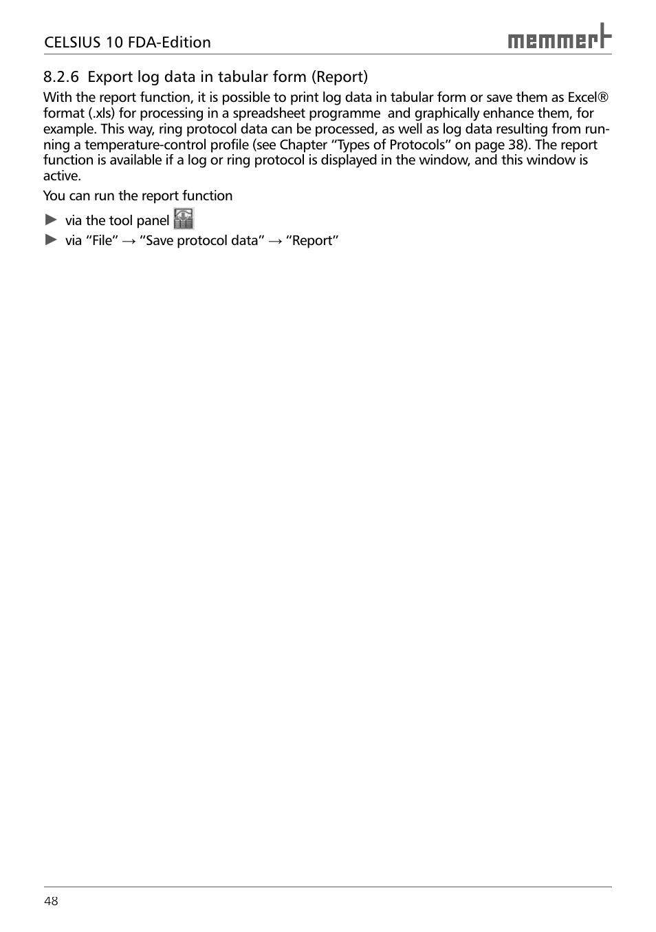 6 export log data in tabular form (report) | Memmert CELSIUS 10 FDA User Manual | Page 48 / 64