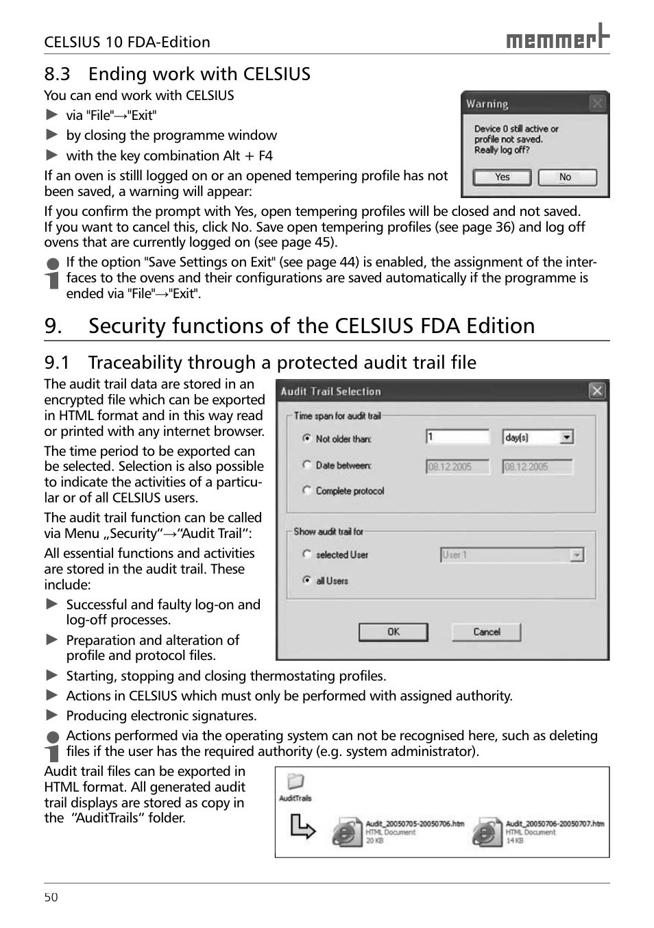 3 ending work with celsius, Security functions of the celsius fda edition | Memmert CELSIUS 10 FDA User Manual | Page 50 / 64