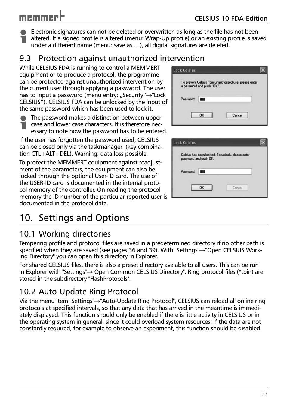 3 protection against unauthorized intervention, Settings and options, 1 working directories | 2 auto-update ring protocol | Memmert CELSIUS 10 FDA User Manual | Page 53 / 64