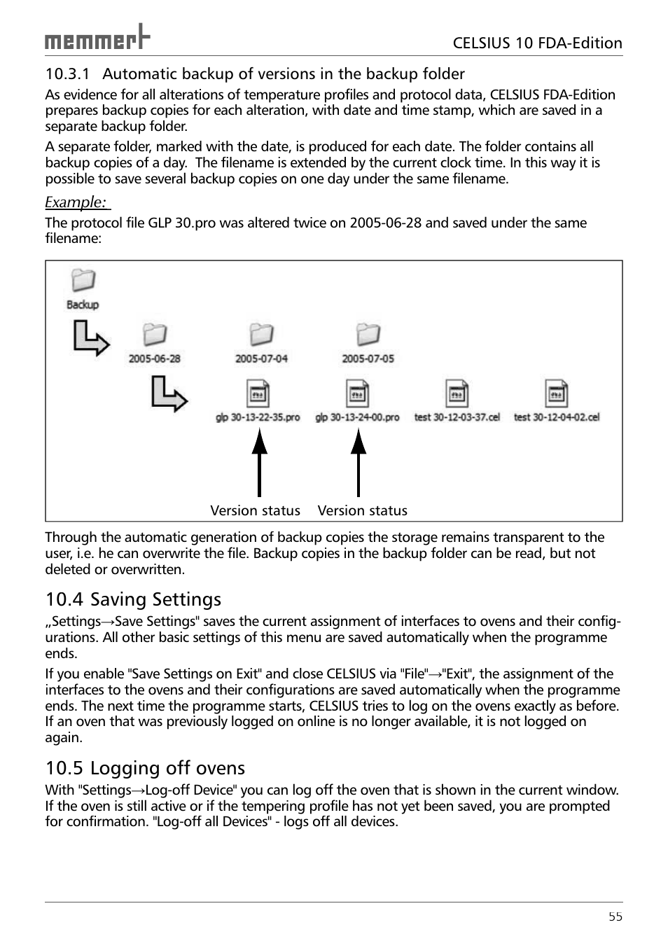 4 saving settings, 5 logging off ovens | Memmert CELSIUS 10 FDA User Manual | Page 55 / 64