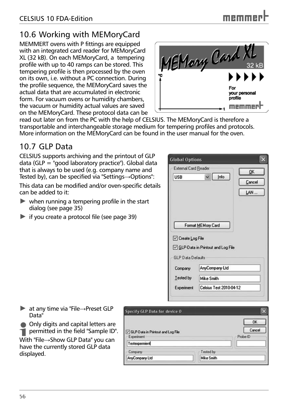 6 working with ­memorycard, 7 glp data | Memmert CELSIUS 10 FDA User Manual | Page 56 / 64