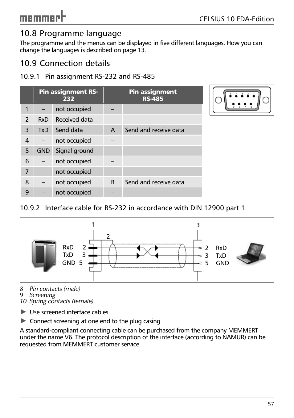 8 programme language, 9 connection details, 1 pin assignment rs-232 and rs-485 | Memmert CELSIUS 10 FDA User Manual | Page 57 / 64