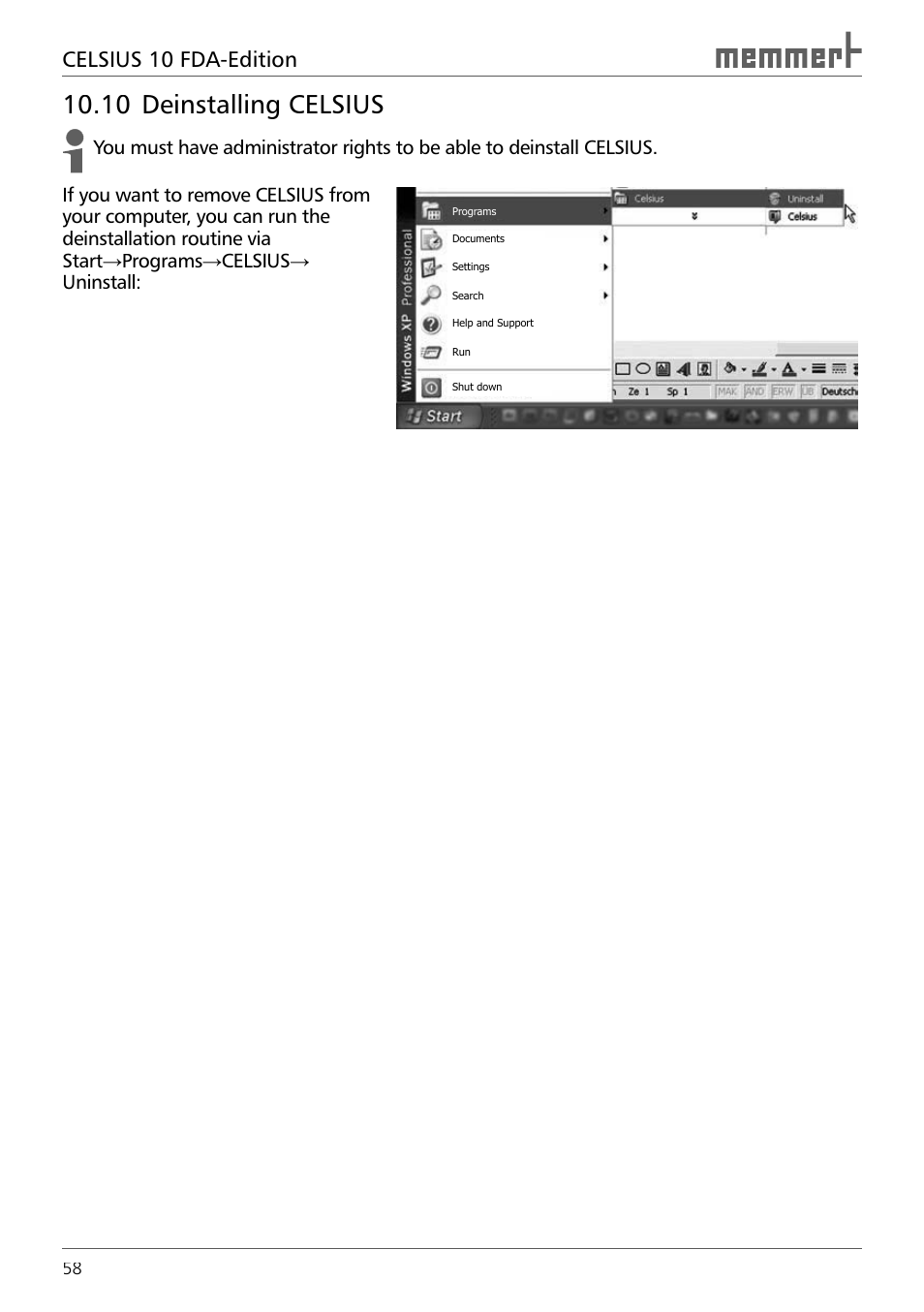 10 deinstalling celsius, Celsius 10 fda-edition | Memmert CELSIUS 10 FDA User Manual | Page 58 / 64