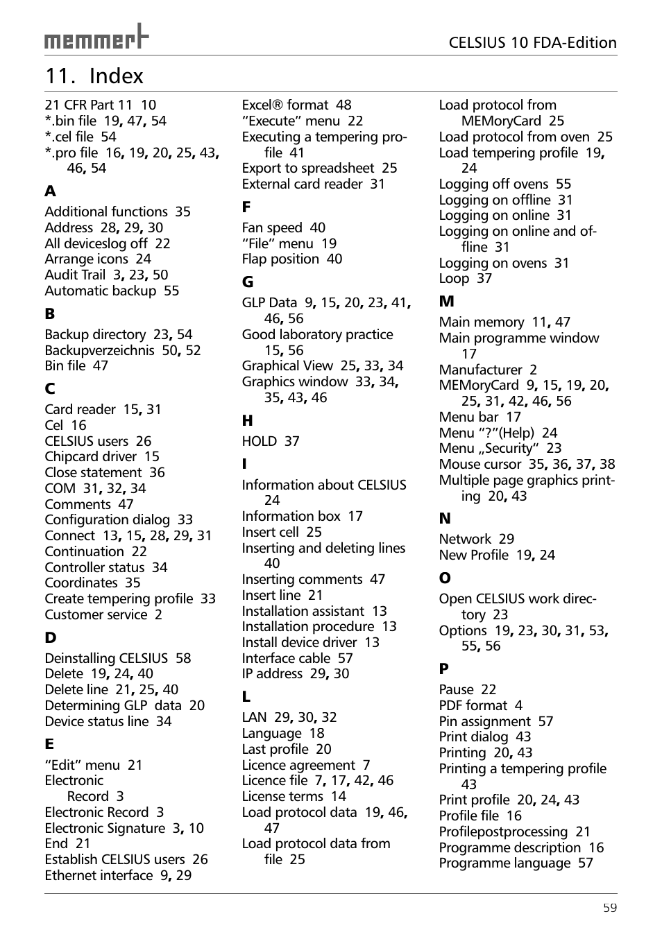 Index | Memmert CELSIUS 10 FDA User Manual | Page 59 / 64