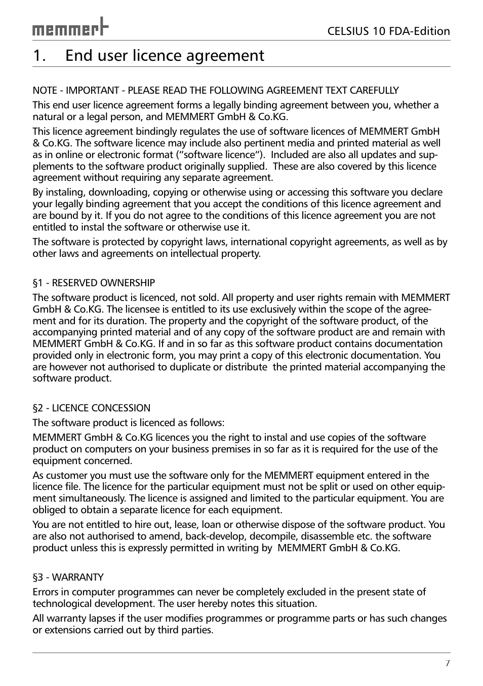 End user licence agreement | Memmert CELSIUS 10 FDA User Manual | Page 7 / 64