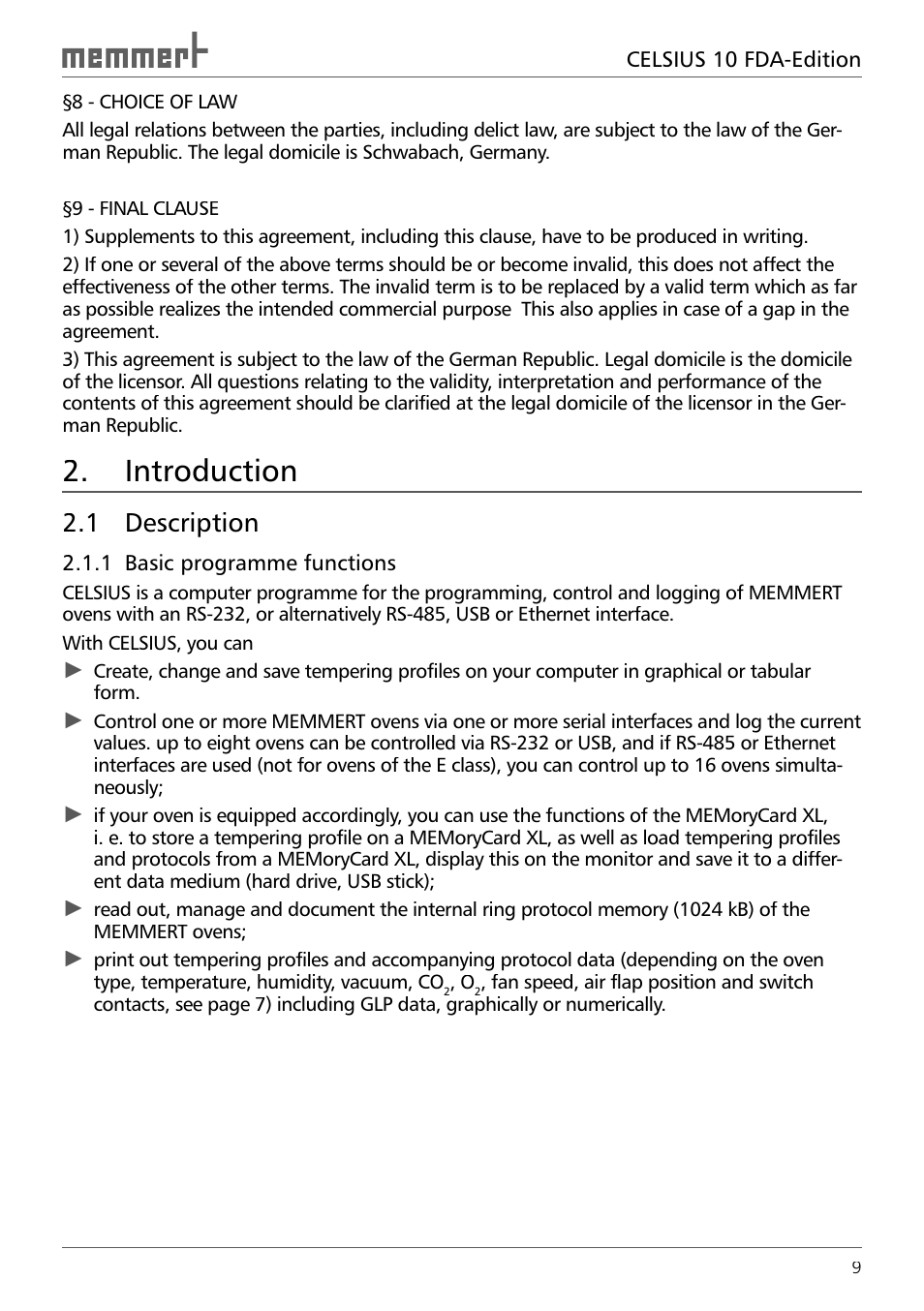 Introduction, 1 description, 1 basic programme functions | Memmert CELSIUS 10 FDA User Manual | Page 9 / 64