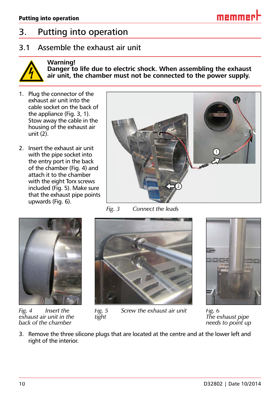 Putting into operation, 1 assemble the exhaust air unit | Memmert HPP Life Constant climate chambers User Manual | Page 10 / 16