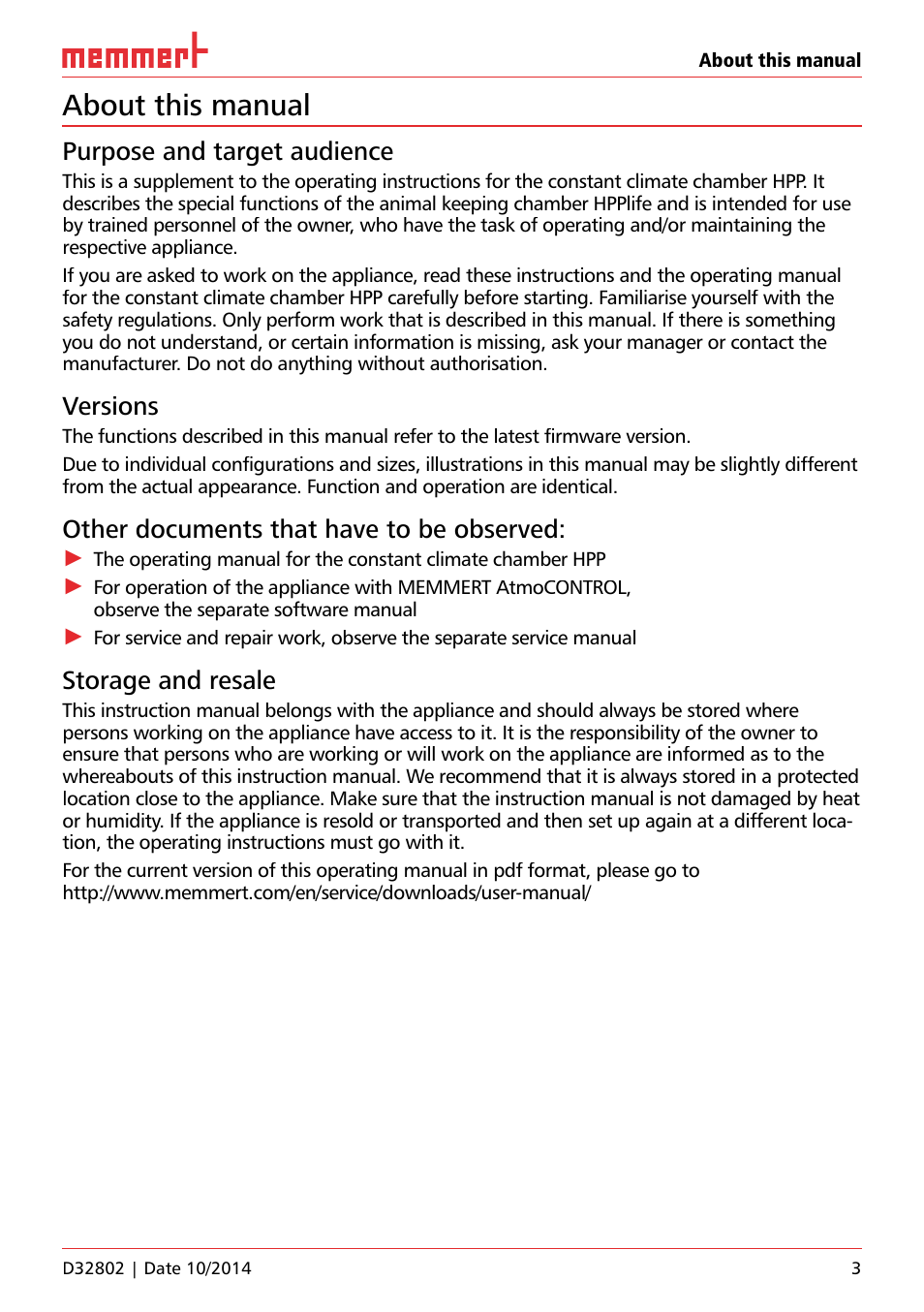 About this manual, Purpose and target audience, Versions | Other documents that have to be observed, Storage and resale | Memmert HPP Life Constant climate chambers User Manual | Page 3 / 16