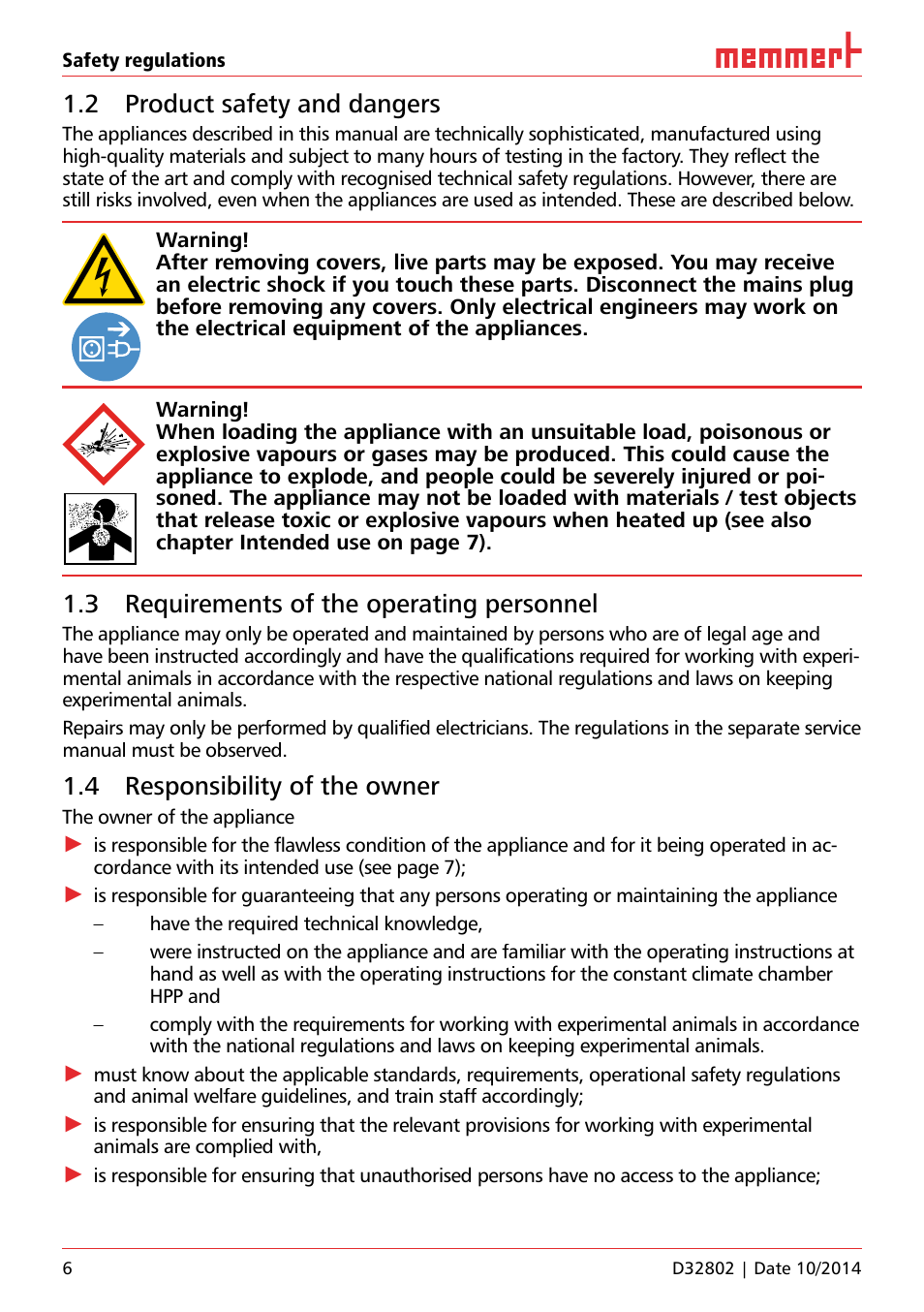 2 product safety and dangers, 3 requirements of the operating personnel, 4 responsibility of the owner | Memmert HPP Life Constant climate chambers User Manual | Page 6 / 16