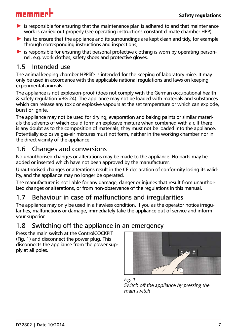 5 intended use, 6 changes and conversions, 8 switching off the appliance in an emergency | Safety regulations, Uf 110 | Memmert HPP Life Constant climate chambers User Manual | Page 7 / 16