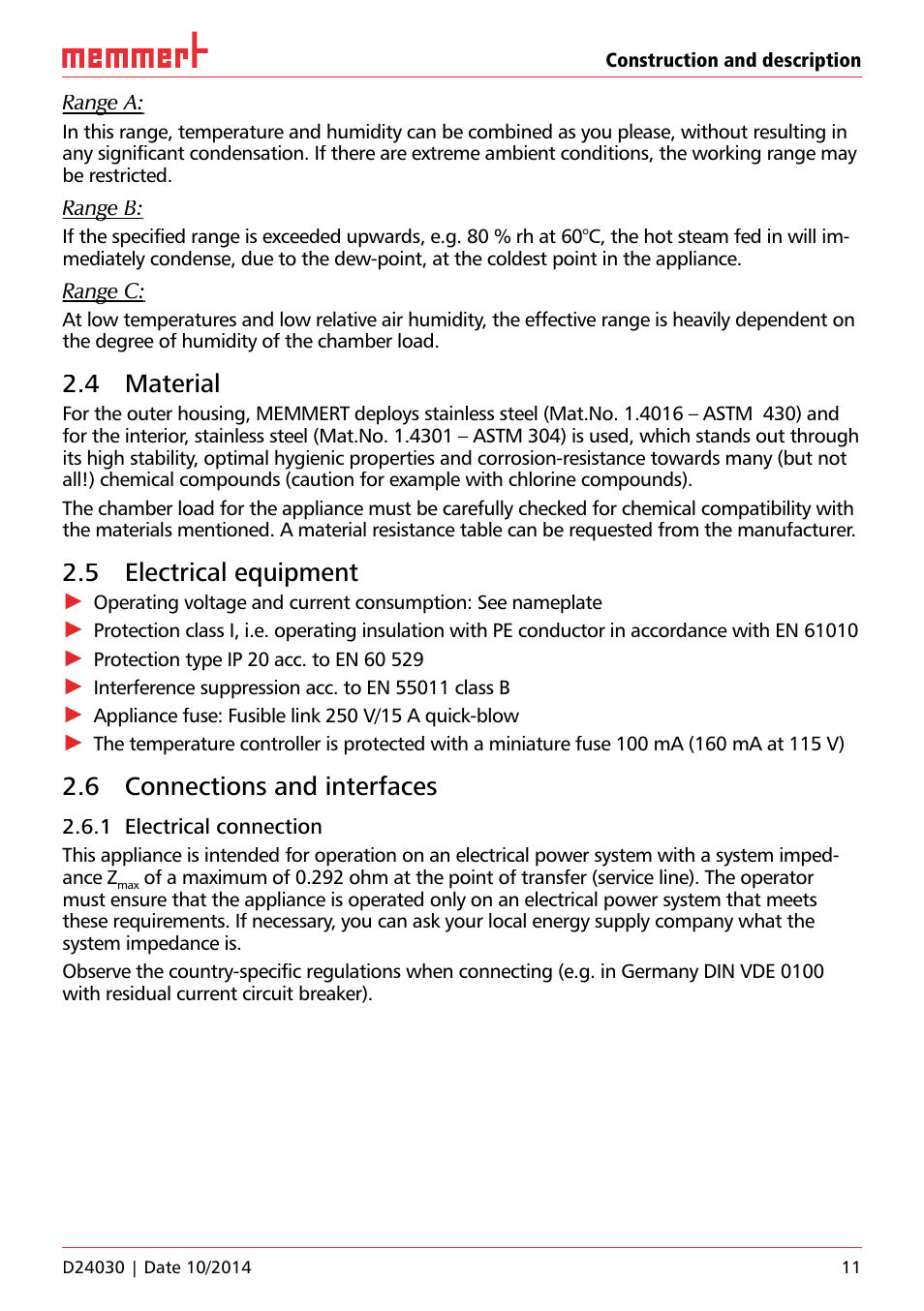 4 material, 5 electrical equipment, 6 connections and interfaces | Memmert HPP, Peltier-cooled incubators IPP plus Constant climate chambers User Manual | Page 11 / 64