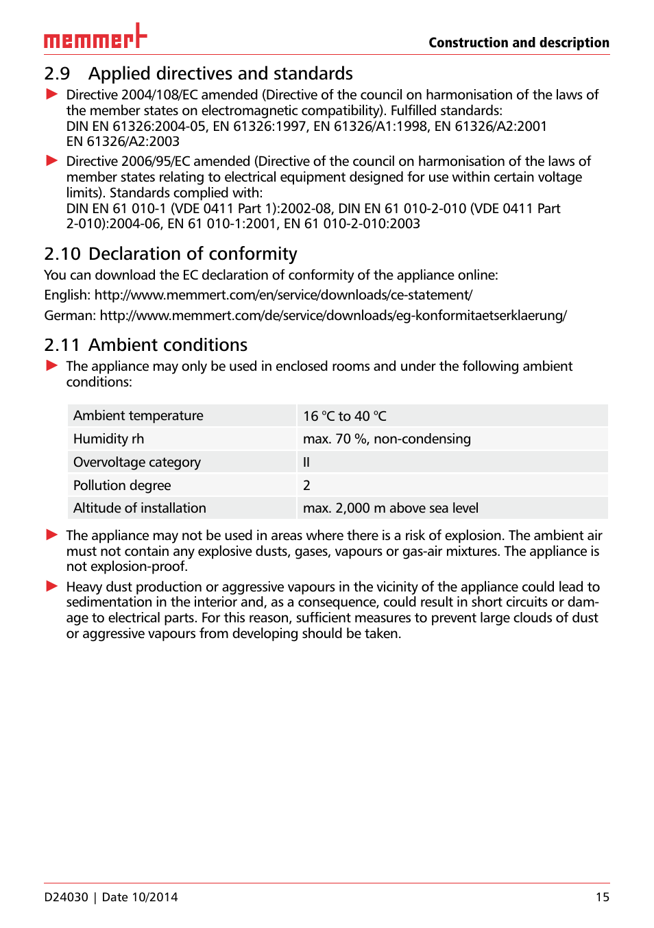 9 applied directives and standards, 10 declaration of conformity, 11 ambient conditions | Memmert HPP, Peltier-cooled incubators IPP plus Constant climate chambers User Manual | Page 15 / 64